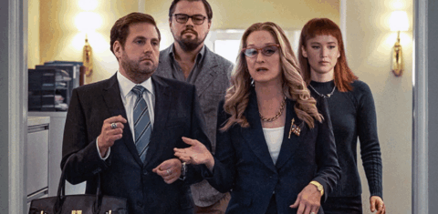 Leonardo DiCaprio, Jennifer Lawrence, Meryl Streep e Jonah Hill em Don’t Look Up (Não olha para cima). Foto Divulgação