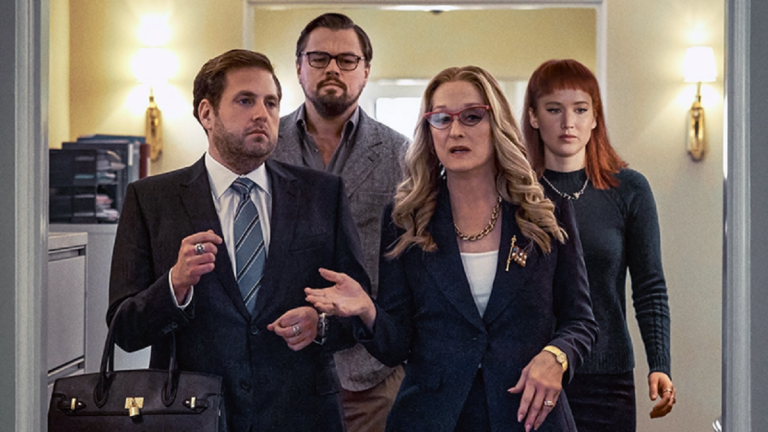 Leonardo DiCaprio, Jennifer Lawrence, Meryl Streep e Jonah Hill em Don’t Look Up (Não olha para cima). Foto Divulgação
