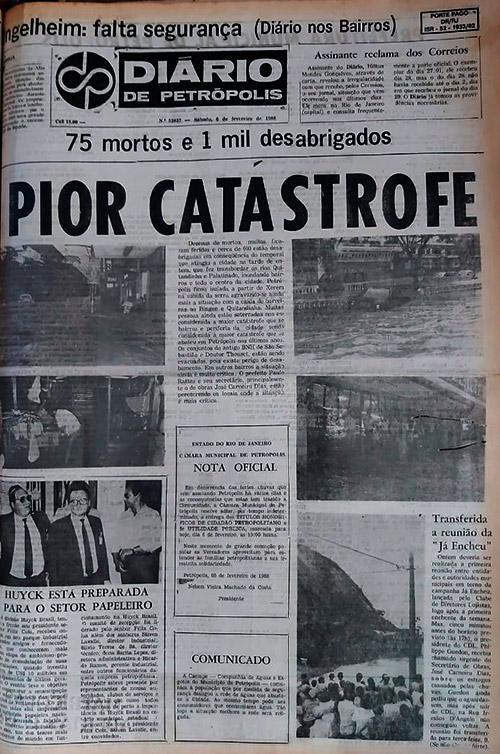 Capa do Diário de Petrópolis em fevereiro de 1988: número de mortos chegou a 134, número superado agora pela tragédia de 2022 (Reprodução)