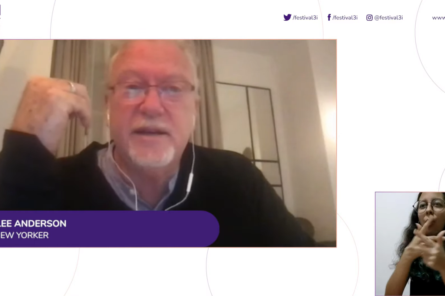 O repórter Jon Lee Anderson na mesa virtual de abertura do Festival 3i: reflexões sobre guerra e jornalismo (Reprodução / Youtube)