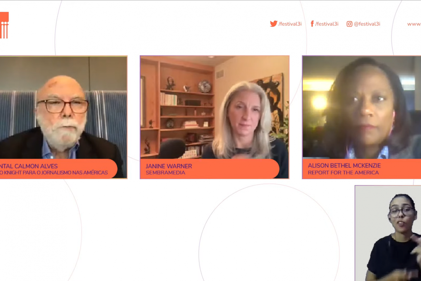 Rosental, Janine e Alison em debate virtual no Festival 3i: desafios para as mídias digitais (Reprodução: YouTube)