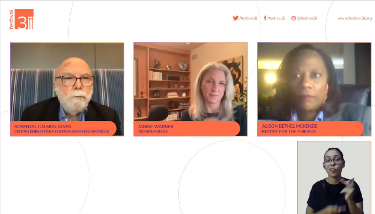 Rosental, Janine e Alison em debate virtual no Festival 3i: desafios para as mídias digitais (Reprodução: YouTube)