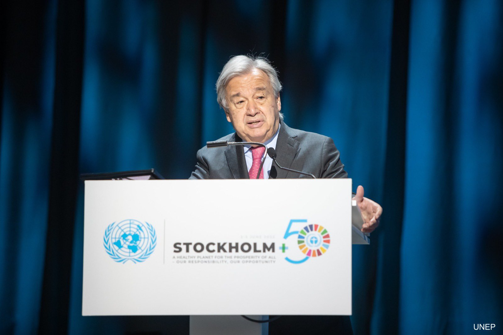 O secretário-geral da ONU fala na abertura da Estocolmo+50: "nos tirem desta confusão"(Foto: ONU / Divulgação)