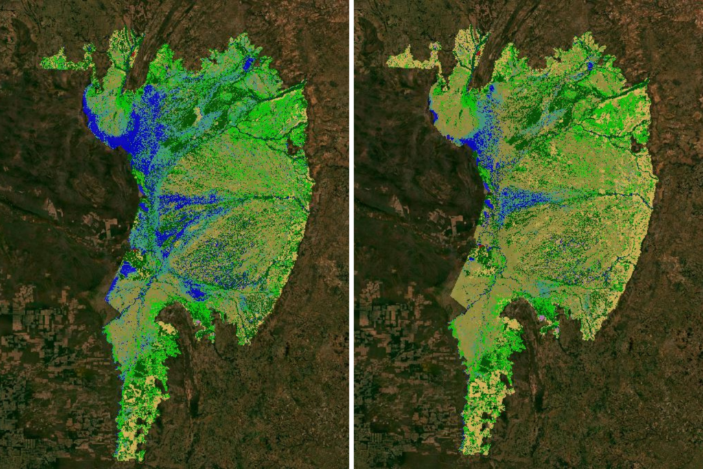 Pantanal em 1990 (à esquerda) e em 2020: muito menos água. Imagens MapBiomas