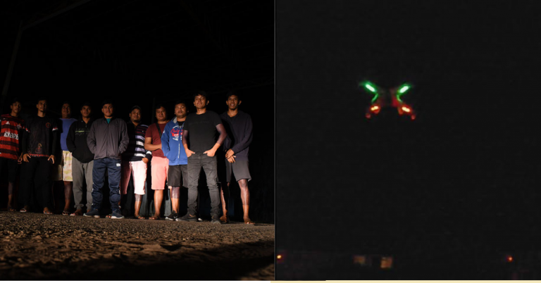 Indígenas da etnia Gavião e um dos drones avistado sobre as aldeias da Terra Indígena Mãe Mariano Pará: aparecimento de objetos voadores deixa moradores alarmados (Fotos: João Paulo Guimarães)