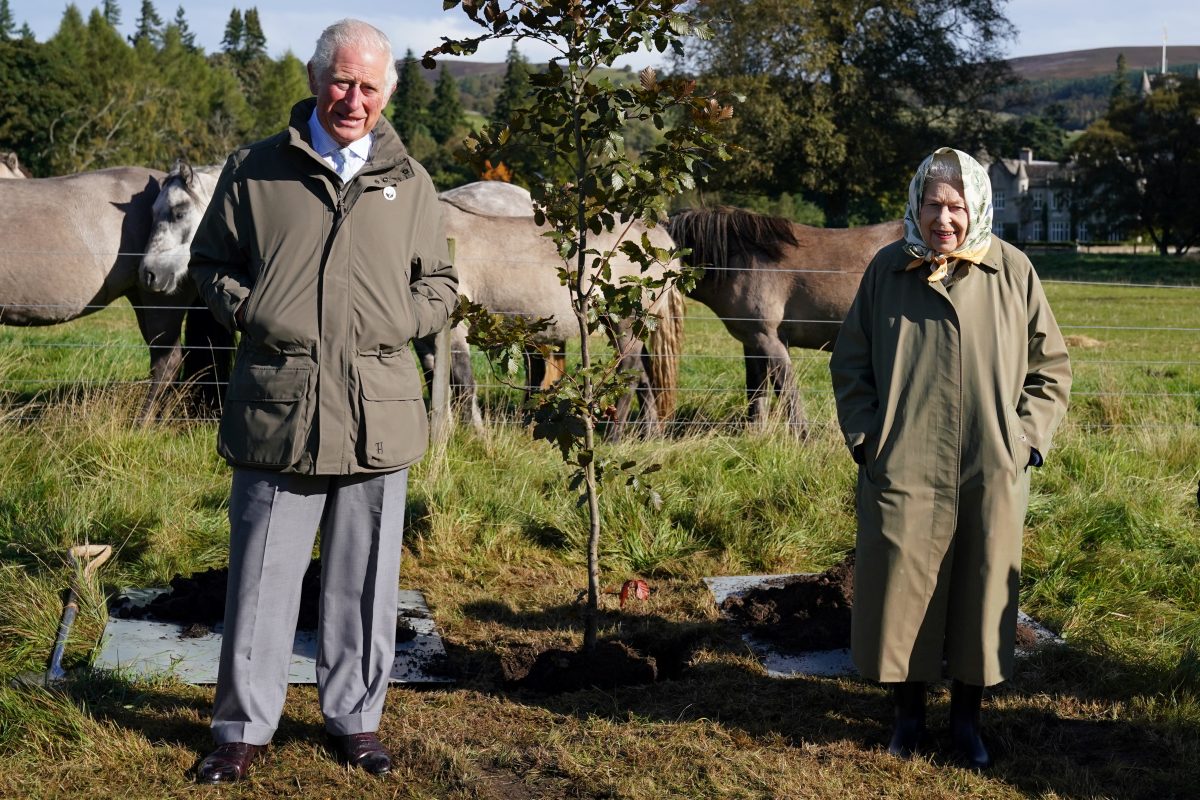 A rainha Elizabeth e o então príncipe Charles posam ao lado da árvore que plantaram para marcar o início da temporada oficial de plantio do dossel verde da rainha, em Balmoral, na Escócia. Foto Andrew Milligan/POOL via AFP. Outubro de 2021