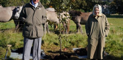 A rainha Elizabeth e o então príncipe Charles posam ao lado da árvore que plantaram para marcar o início da temporada oficial de plantio do dossel verde da rainha, em Balmoral, na Escócia. Foto Andrew Milligan/POOL via AFP. Outubro de 2021