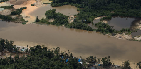 Área de garimpo com dezenas de barracões às margens do Rio Uraricoera na Terra Indígena Yanomami: maior parte do ouro com indícios de ilegalidade vem da extração em áreas protegidas como os territórios indígenas (Foto: Bruno Kelly / Amazônia Real - 05/06/2021)