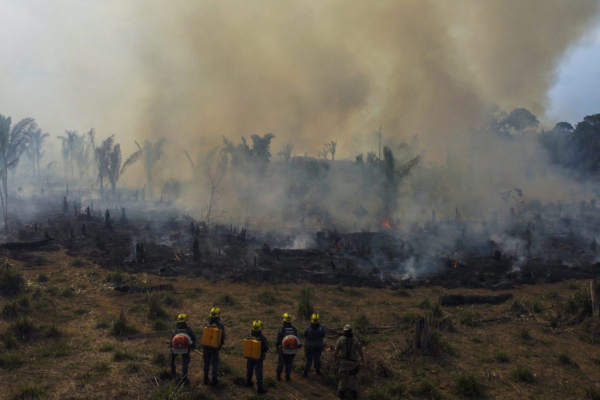 Bombeiros e voluntários combatem um incêndio na Floresta Amazônica, na região de Apuí, sul do Estado do Amazonas. De acordo com o Instituto Nacional de Pesquisas Espaciais (INPE), os focos na região amazônica tiveram um aumento recorde na primeira metade de setembro, sendo a média do mês de 1.400 incêndios por dia. Foto de MICHAEL DANTAS/AFP. 21 de setembro de 2022