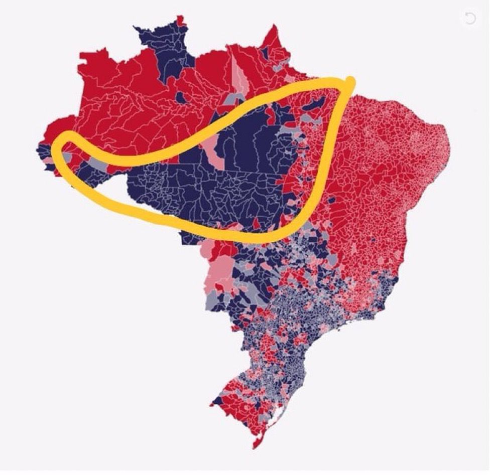 Arco do Desmatamento no mapa da votação pelo Brasil: apoio ao capitão. Reprodução do Twitter
