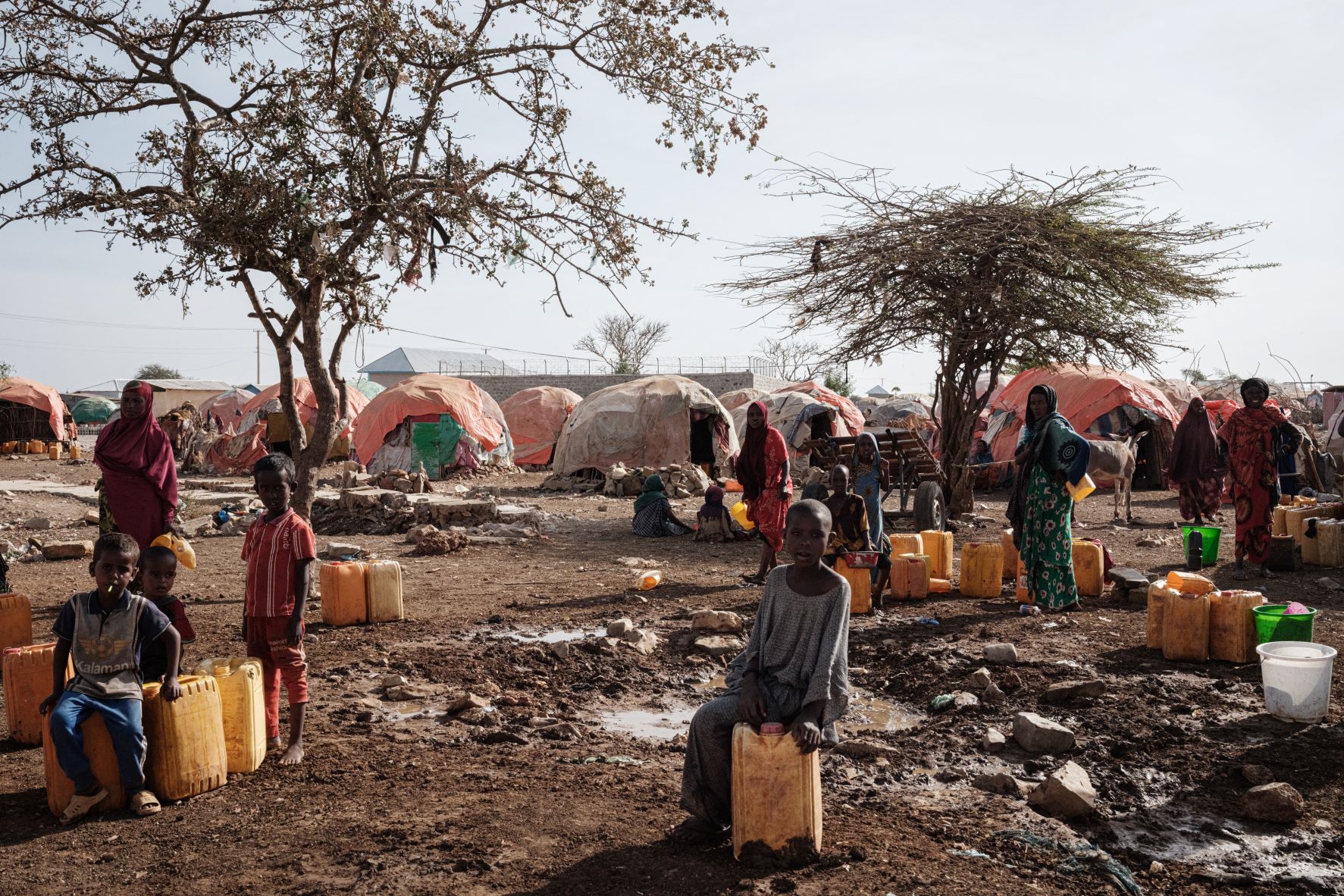 Refugiados da seca esperam por água na Somália: estiagem extrema cresce com crise climática (Foto: Yasuyoshi Chiba / AFP - 13/02/2022)