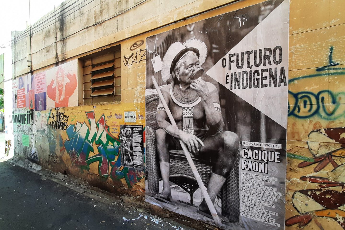 Painel em homenagem ao Cacique Raoni em Goiânia: líder indígena homenageado em 50 cidades no mês do Meio Ambiente (Foto: Muquifu Cultural)