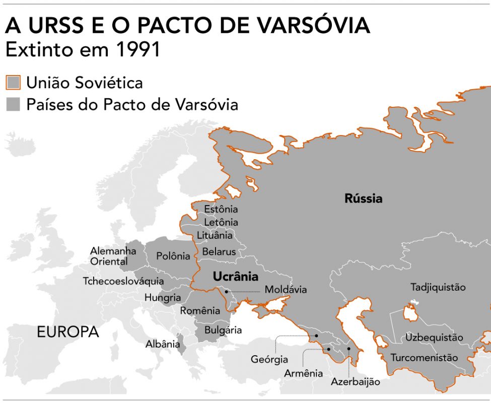 Pacto de Varsóvia: aliança militar comandada pela antiga União Soviética reunia, até ser extinta, outros sete países europeus (Arte: Fernando Alvarus)