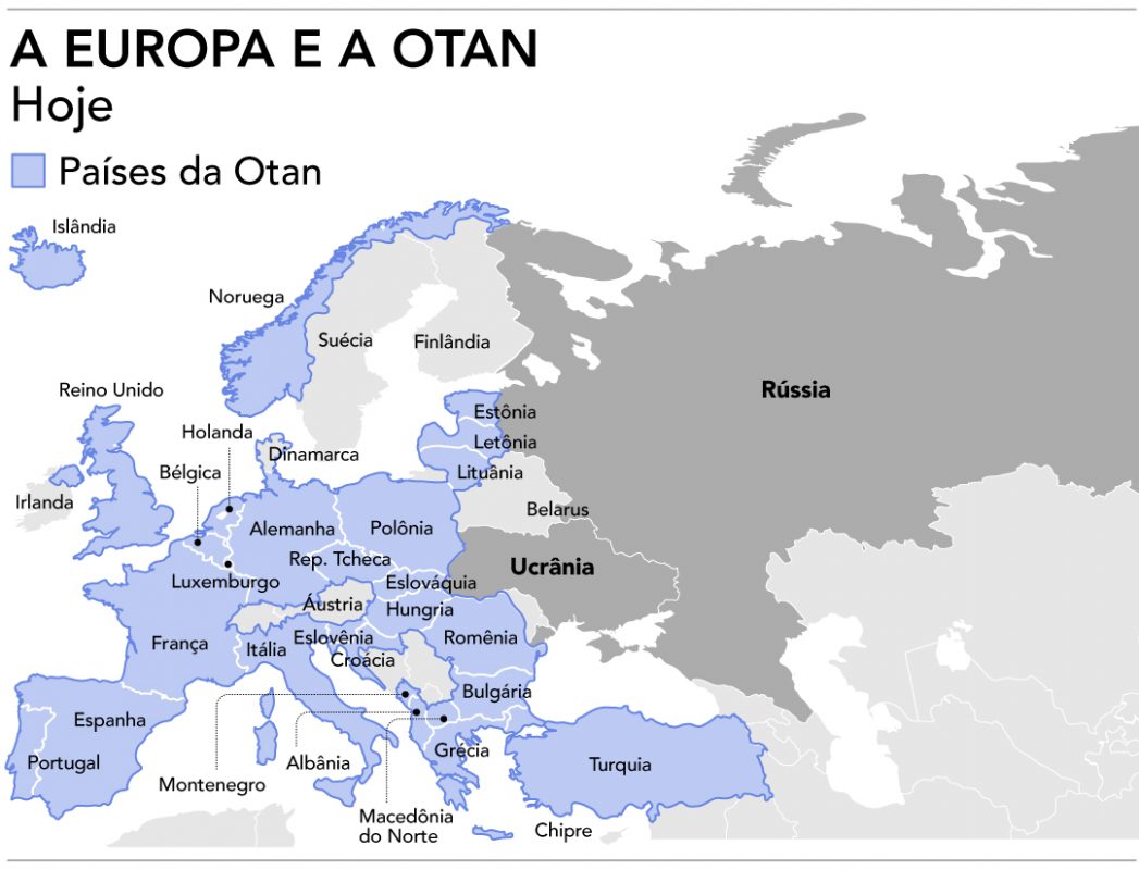 A expansão da OTAN, aliança militar liderada pelos EUA, na Europa: adesão de 11 países, antes sob órbita russa (Arte: Fernando Álvarus)