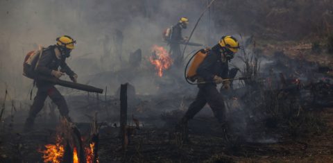 Bombeiros e voluntários combatem um incêndio em Apuí, sul do estado do Amazonas, em setembro de 2022. Dos 50 municípios que mais desmataram em 2022, 25 estão no Pará e no Amazonas. Foto Michael Dantas/AFP