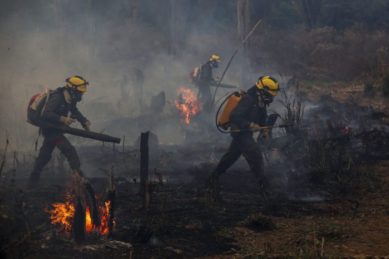 Bombeiros e voluntários combatem um incêndio em Apuí, sul do estado do Amazonas, em setembro de 2022. Dos 50 municípios que mais desmataram em 2022, 25 estão no Pará e no Amazonas. Foto Michael Dantas/AFP