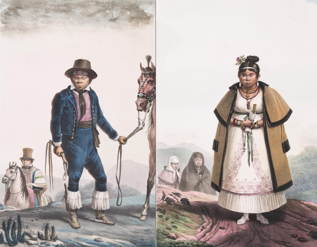 Indígenas com vestimentas de influências europeias. Imagem de Jean Baptiste Debret reproduzida nas aulas de Papiõn Cristine Santos