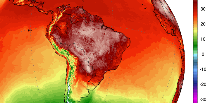 Mapa do Climate Reanalyzer mostra temperaturas máximas na América do Sul (Imagem: UMaine)
