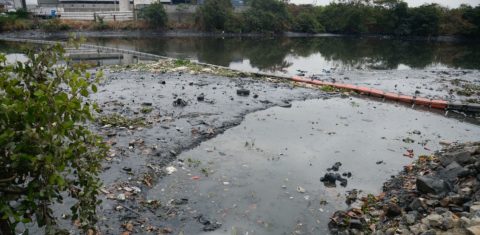 O Rio Meriti, na Baixada Fluminense, assoreado e cheio de lixo: Região Metropolitana teve redução de 32% da superfície de água de 1985 a 2022 (Tomaz Silva/Agência Brasil)