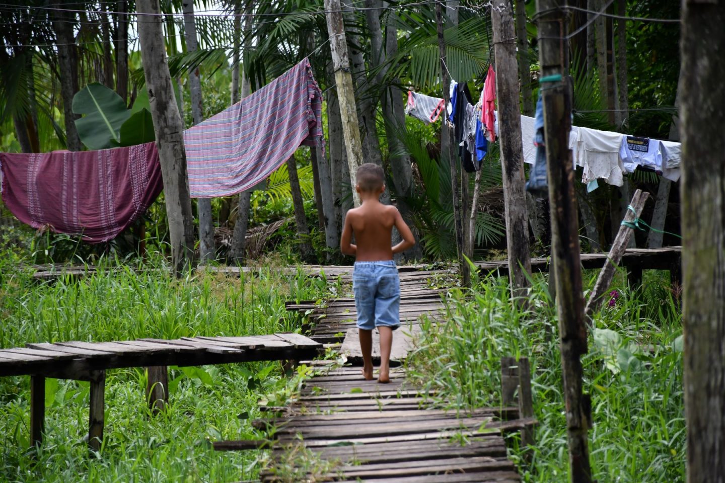Menino atravessa ponte de madeira na Porto do Ceasa: série Cidade Invisível, da Netlflix da visibilidade à comunidade ribeirinha em Belém sem acesso às redes de água, esgoto e energia (Foto: João Paulo Guimarães)