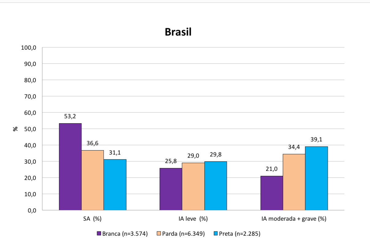 Percentual de domicílios, segundo condição de Segurança Alimentar (SA) e níveis de InsegurançaAlimentar (IA), por raça/cor autodeclarada da pessoa de referência, Brasil (Fonte II VIGISAN – SA/IA e Covid-19, Brasil, 2021/2022)