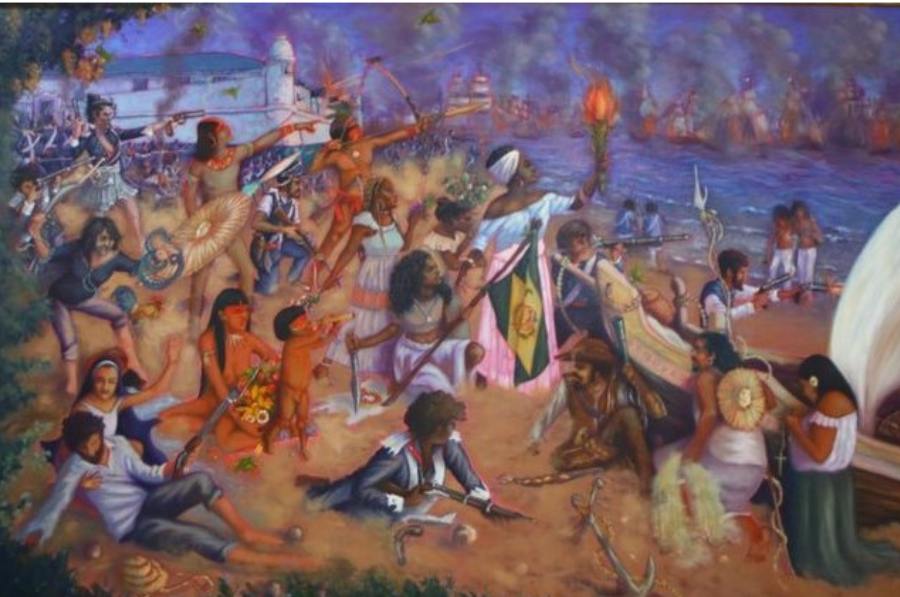 Quadro Alegoria ao 7 de Janeiro, de Mike Sam Chagas, retrata batalha no Rio Paraguaçu: Maria Felipa aparece com uma tocha na mão (Reprodução)