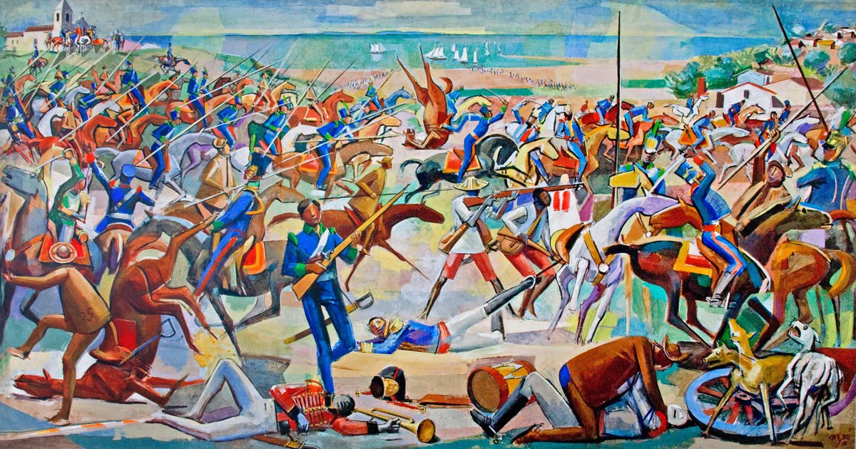 Painel de Carybé retrata a 'Batalha de Pirajá', mostrando a violência do conflito e a diversidade das tropas brasileiras: voluntários, inclusive negros, sem uniforme ao lado dos soldados (Foto: Reprodução / Instituto Carybé)