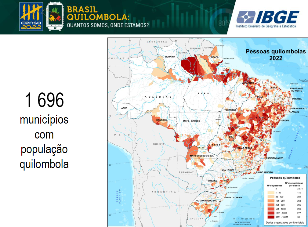Censo Demográfico 2022 registrou a presença de população quilombola em 1.696 municípios (Arte: IBGE)