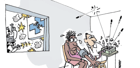 Tiroteios podem provocar ansiedade, depressão, insônia e hipertensão (Ilustração: Laerte - Saúde na Linha de Tiro)