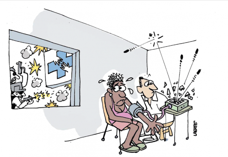 Tiroteios podem provocar ansiedade, depressão, insônia e hipertensão (Ilustração: Laerte - Saúde na Linha de Tiro)