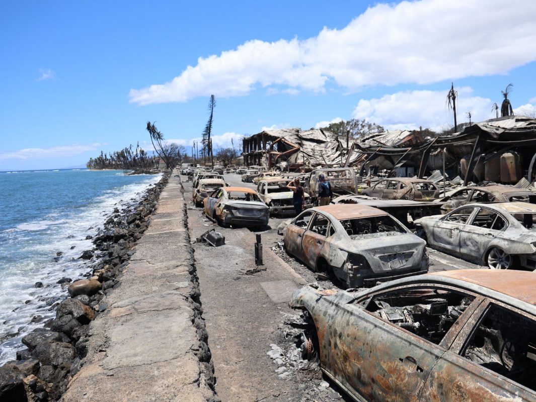 Cenário de guerra na cidade de Lahaina, a mais atingida pela combinação incêndio e furacão no Havaí: mais de 100 mortos (Foto: Governo do Havaí)