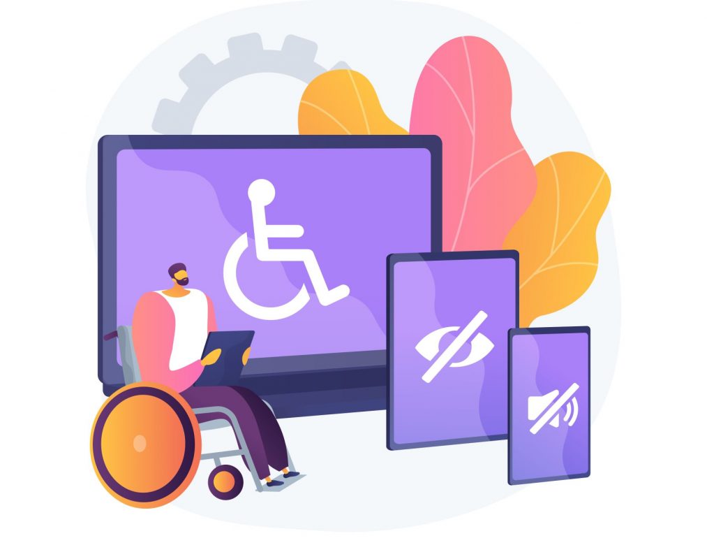 Arte colorida em tons de azul, laranja e rosa que mostra uma pessoa usuária de cadeira de rodas segurando um tablet. Ao lado dela aparecem três telas de diferentes tamanhos com os símbolos de acessibilidade e deficiência visual e sonora
