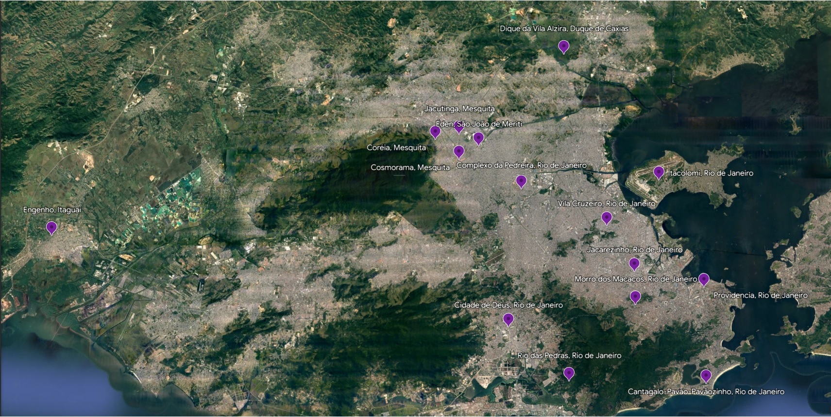 O estudo foi realizado em 15 comunidades do Rio e da Baixada Fluminense. Imagem Google Earth