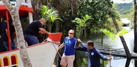 Funcionários da startup e voluntários transferem as mudas para o barco-escola. Foto divulgação Tree Earth