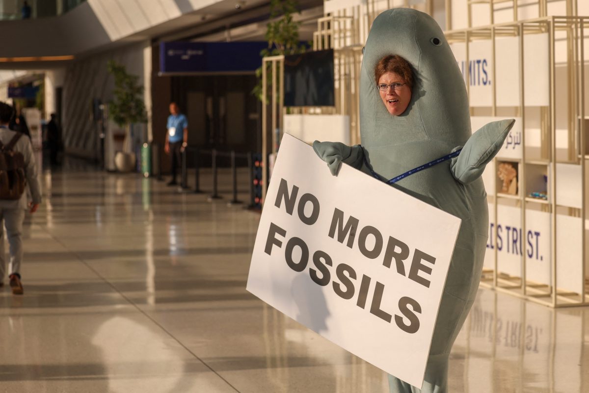 Ativista ambiental pede o fim dos combustíveis fósseis durante a COP28, em Dubai. Foto Karim Sahib/AFP