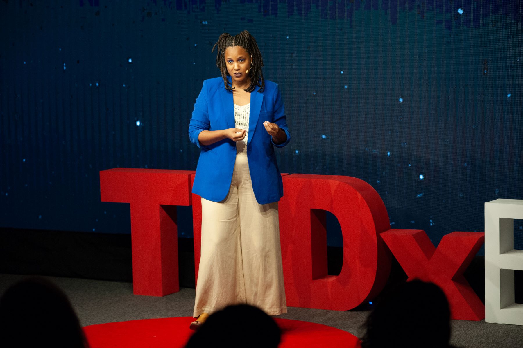 Andréia Coutinho Louback no palco do TEDx: Epifanias e lições sobre narrativas, talento e técnica, preparação e improvisos, e o poder das emoções (Foto: Divulgação)