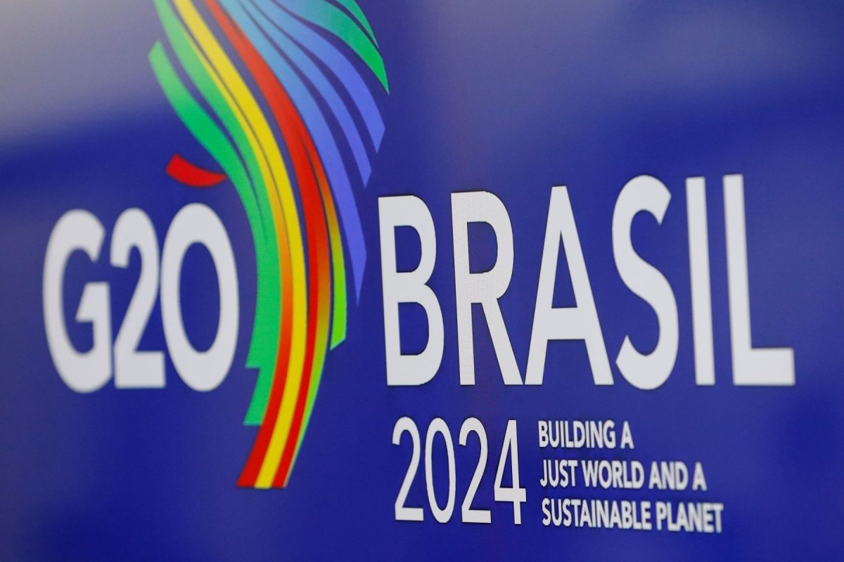 Logo do G20 em evento preparatório: Fórum vai debater financiamento climático antes de encontro de ministros da Fazendo de países do grupo em São Paulo (Foto: Fernando Frazão / Agência Brasil)