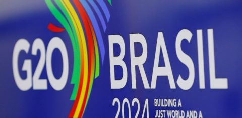 Logo do G20 em evento preparatório: Fórum vai debater financiamento climático antes de encontro de ministros da Fazendo de países do grupo em São Paulo (Foto: Fernando Frazão / Agência Brasil)