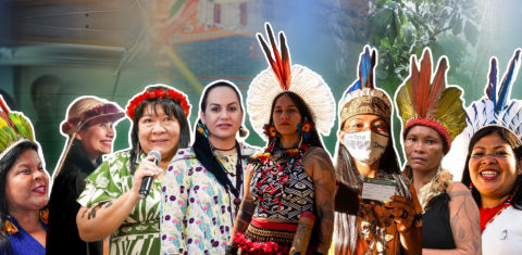 Sônia Guajajara, Márcia Kabemba, Joênia Wapichana, Joziléia Kaingang, Samela Sateré-Mawe, Vanda Witoto, Lutana Kokama e Juliana Kerexu: protagonismo feminino nas lutas indígenas (Arte: Pablo Candeia)