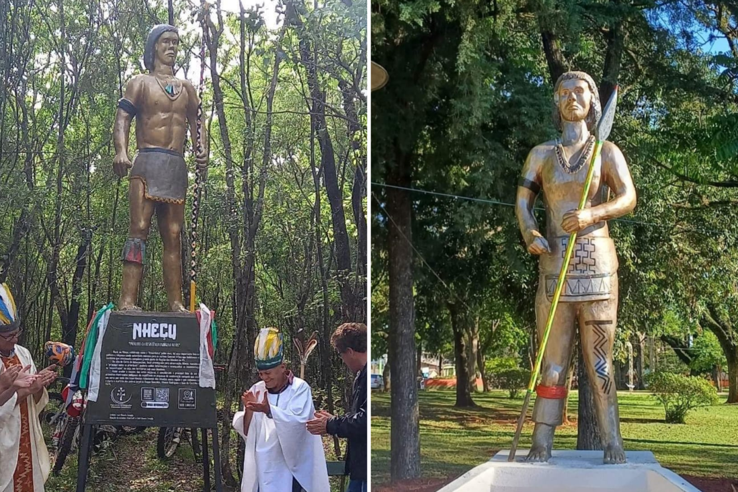 Estátuas de Nheçu no Cerro do Inhacurutum e na Praça de Roque Gonzales: Região das Missões resgata história de líder indígena que comandou resistência à Companhia de Jesus (Foto: Divulgação / Trilha da Integração Guarani-Jesuítica)