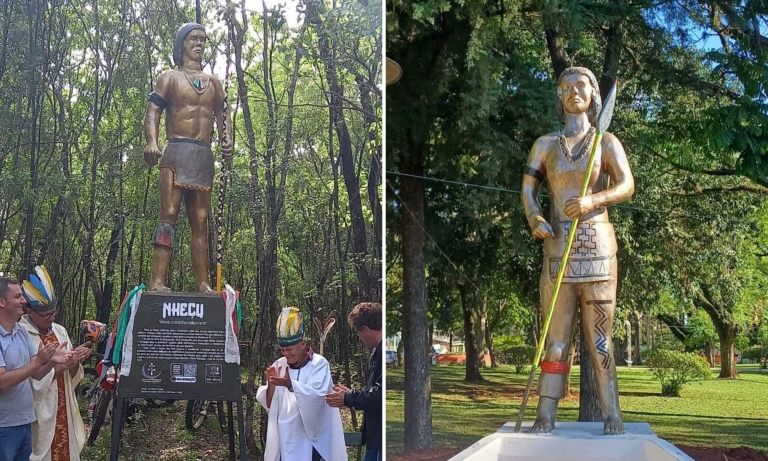 Estátuas de Nheçu no Cerro do Inhacurutum e na Praça de Roque Gonzales: Região das Missões resgata história de líder indígena que comandou resistência à Companhia de Jesus (Foto: Divulgação / Trilha da Integração Guarani-Jesuítica)
