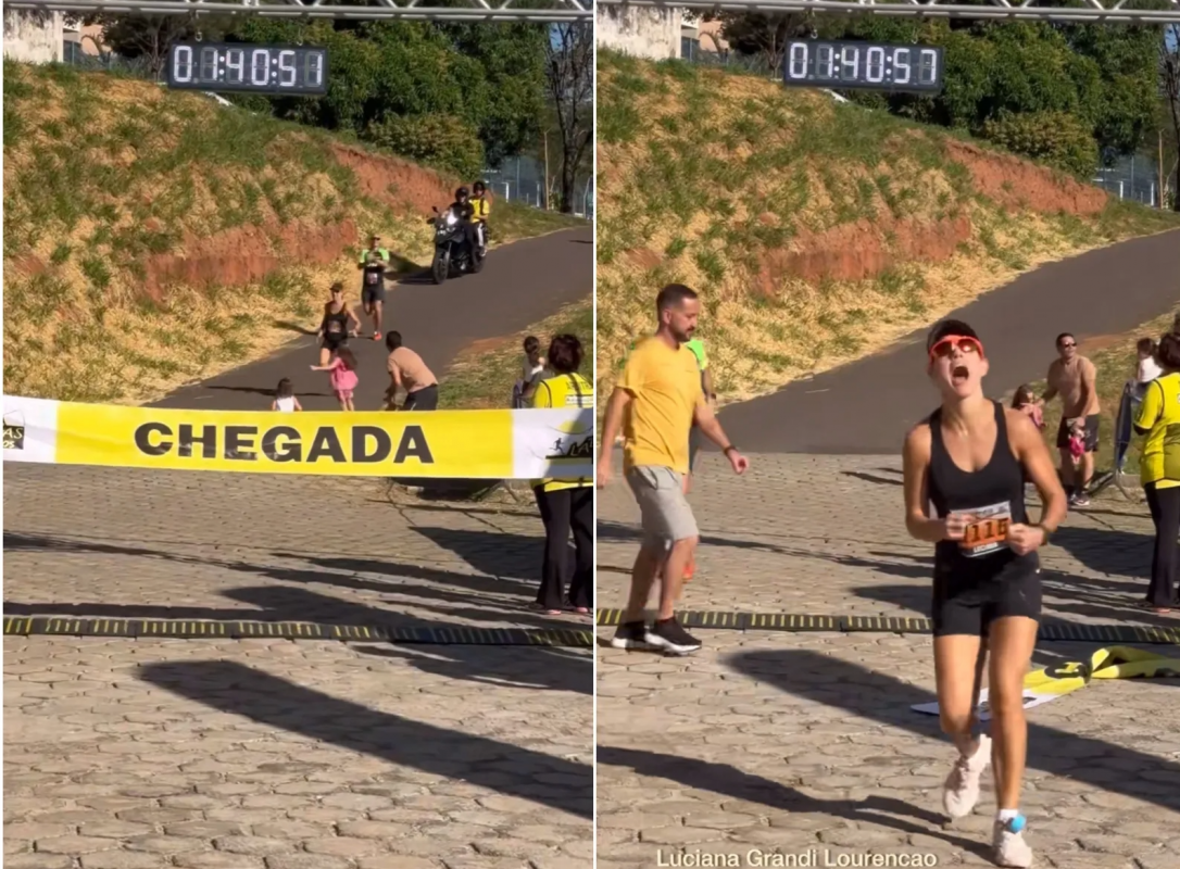 Luciana driblando marido e filhas na reta de chegada e, cinco segundos depois, ao vencer a prova: metáfora da existência feminina (Foto: Reprodução / TikTok / @sinomar reporter)