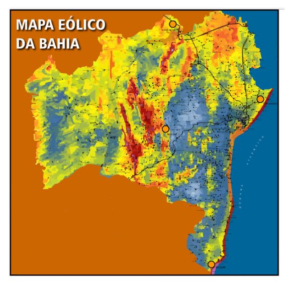 Atlas do potencial eólico da Bahia, divulgado em 2013 pela Secretaria de Desenvolvimento Econômico do estado, com o objetivo de atrair investimentos no setor (Reprodução)