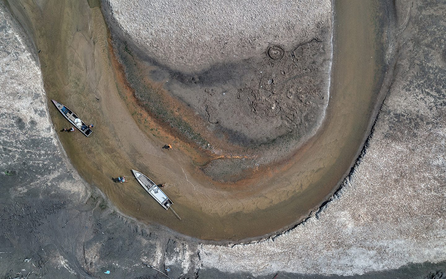 Leito de rio seco na Amazônia durante a estiagem extrema de 2023: menos chuva do que o esperado em 13 das 20 bacias hidrográficas da Amazônia criam temor de nova seca extrema em 2024 (Foto: Marizilda Cruppe / Greenpeace - 06/10/2023)