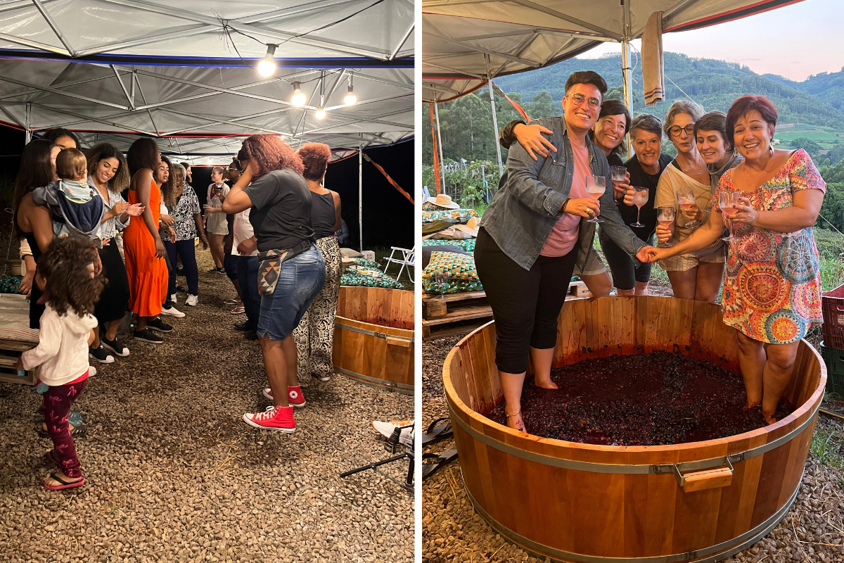 Duas fotos coloridas do samba da uva no Sítio Rosa do Vale. Na imagem da esquerda, diversas pessoas aparecem dançando em uma cabana. Na imagem da direita, diferentes pessoas olham para uma foto, enquanto estão dentro de um barril com uva