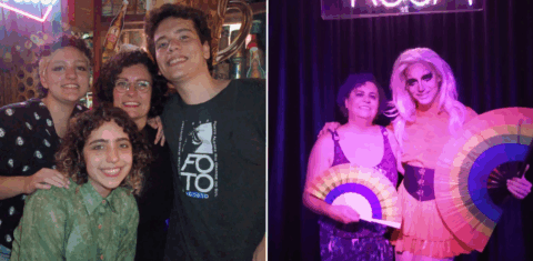 Duas fotos coloridas divididas na tela. Do lado esquerdo_ Cintia Jardim está abraçada com os filhos Oliver, Lilo e Mat. Na foto da direita_ Iara Netto e o filho drag queen em um palco - Arquivo Pessoal