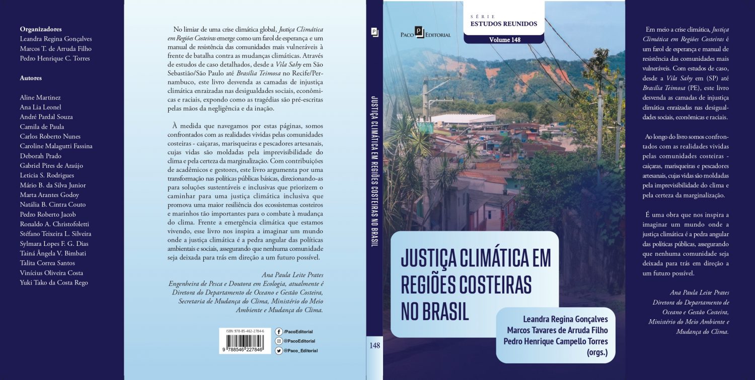 Foto colorida de capa e contracapa do livro "Justiça Climática em Regiões Costeiras do Brasil"