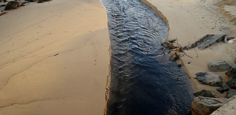 As águas negras e sujas do rio Camarajipe quando encontra o mar. Foto Augusto Borges