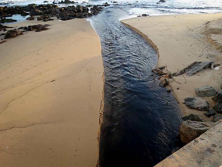 As águas negras e sujas do rio Camarajipe quando encontra o mar. Foto Augusto Borges