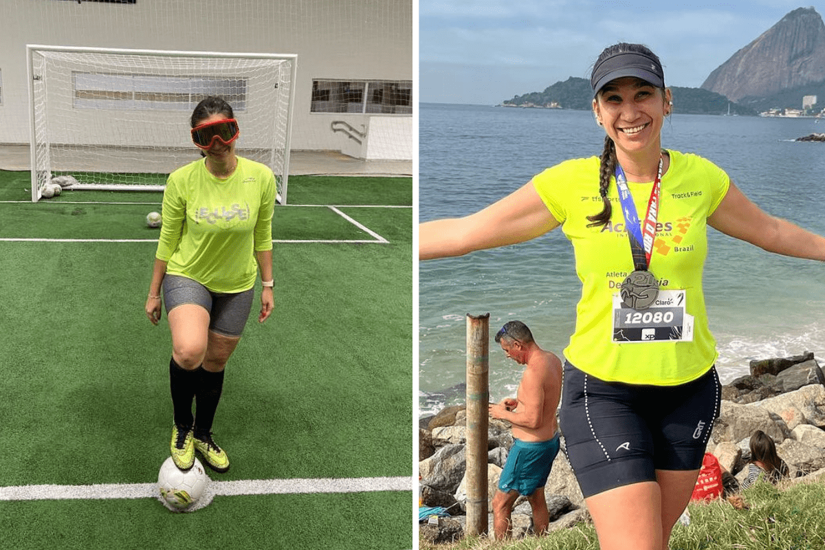 Duas fotos coloridas de Geisa Farini. Na foto da esquerda, Geisa aparece em pé, com a bola de futebol e em frente a um gol. Ela é uma mulher branca cega, com cabelos pretos. Ela usa uma camiseta verde, bermuda cinza e meia preta. Na foto da direita, Geisa está em pé, em frente a beira do mar. Ela está com os braços abertos e sorri. Ela usa um boné e tem uma medalha no pescoço